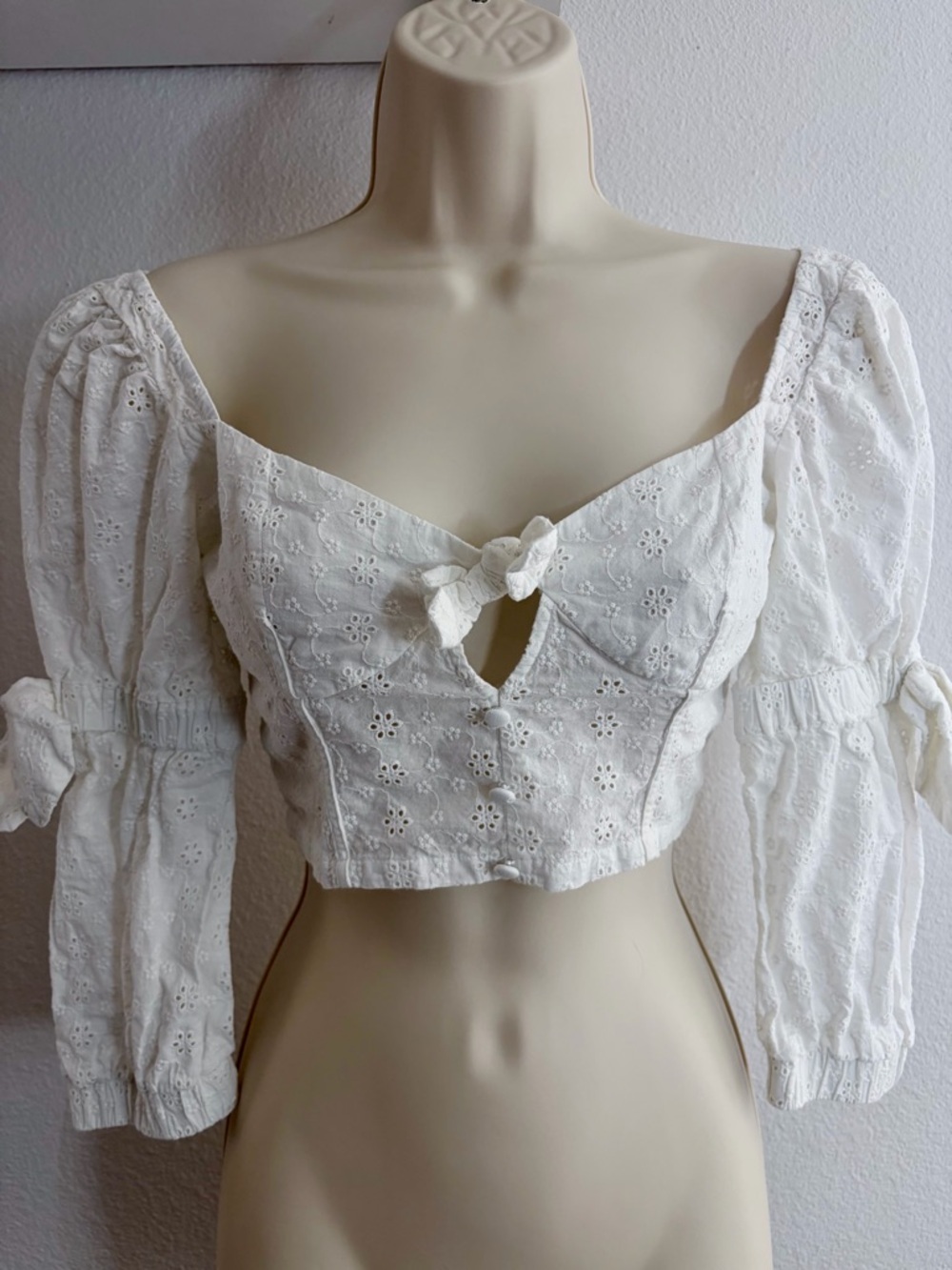 For Love & Lemons Paloma White Eyelet Crop Top - XS